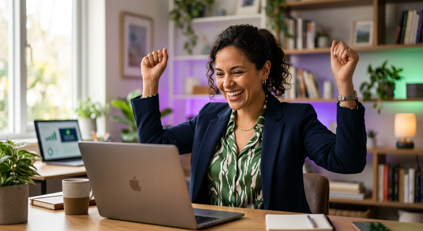 Profesional latina celebrando su avance en ingl&eacute;s ejecutivo